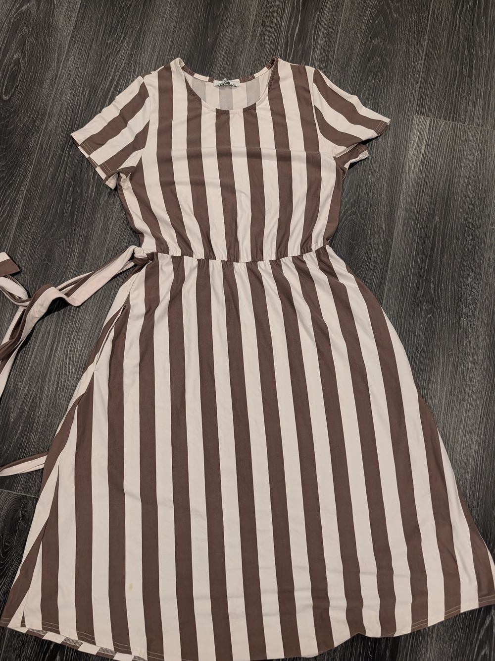 Striped Short-Sleeve A-Line Dress in Brown and Cream